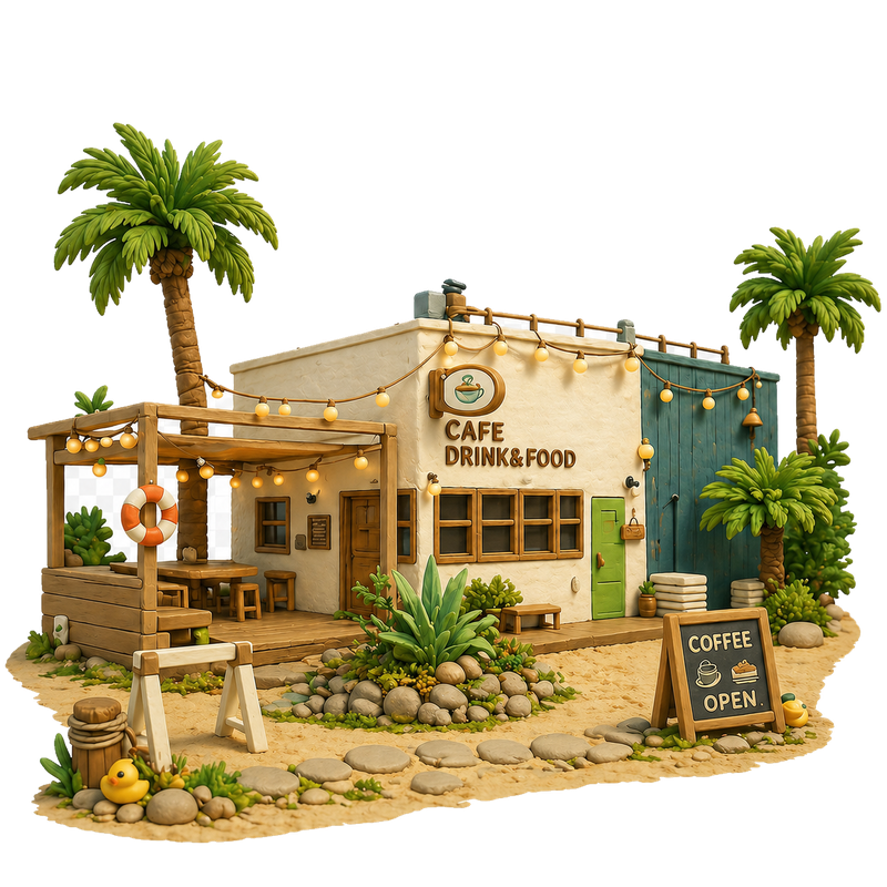 ヤシの木に囲まれたPOPS CAFEの建物のイラスト