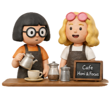 カウンターに立つHoniとFocusのイラスト