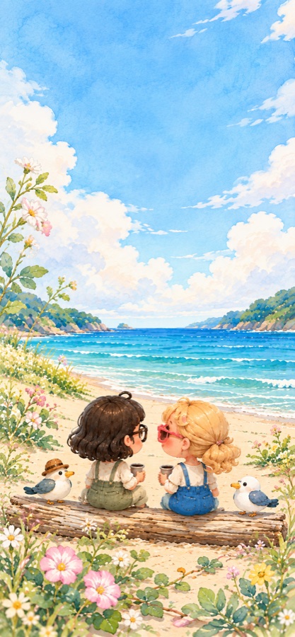 浜の花図鑑の絵：流木に座って海を見るふたり
